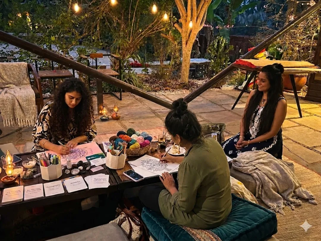 Women painting and journaling together in a candlelit garden setting